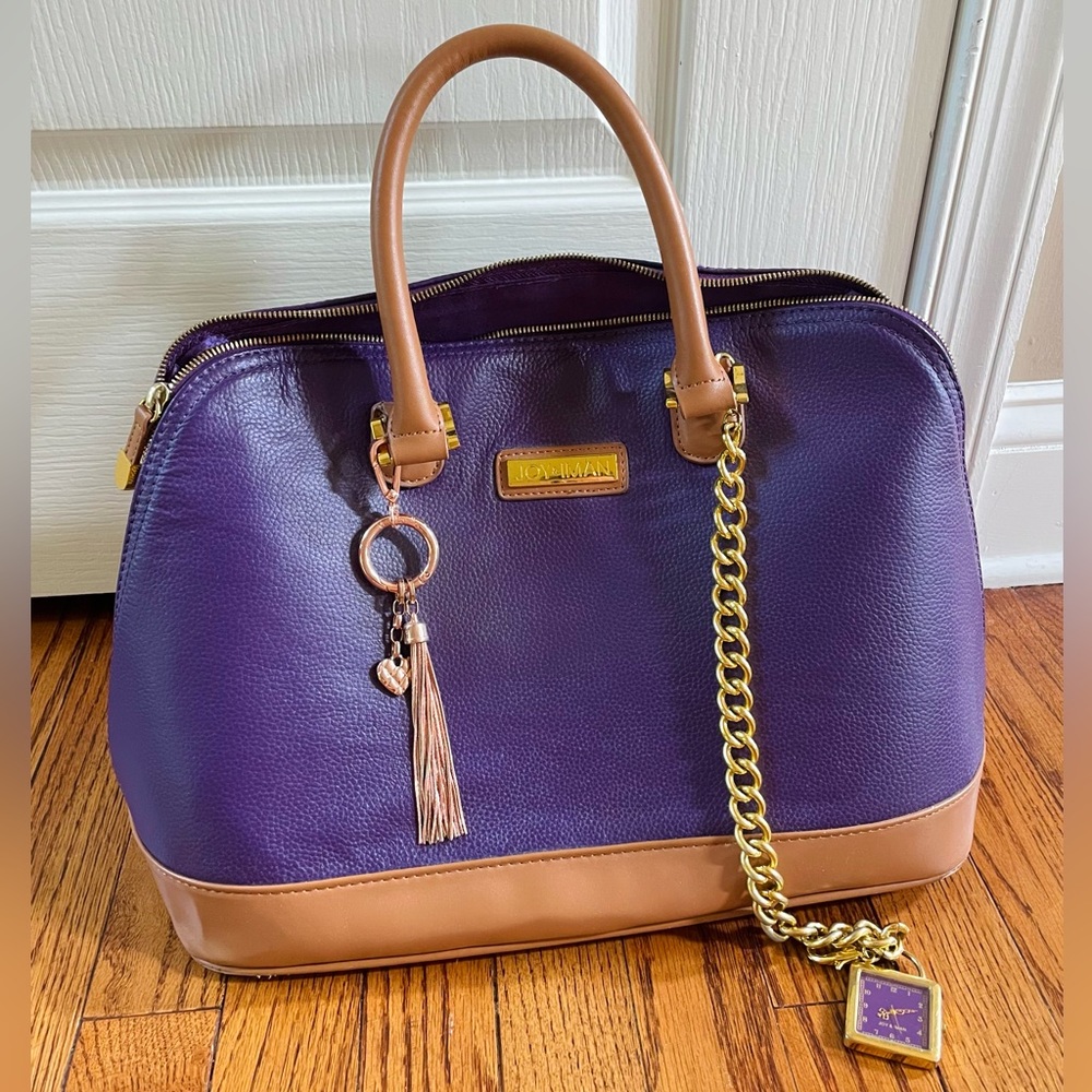 Joy & Iman 100% Split Leather Purple Handbag with Clock